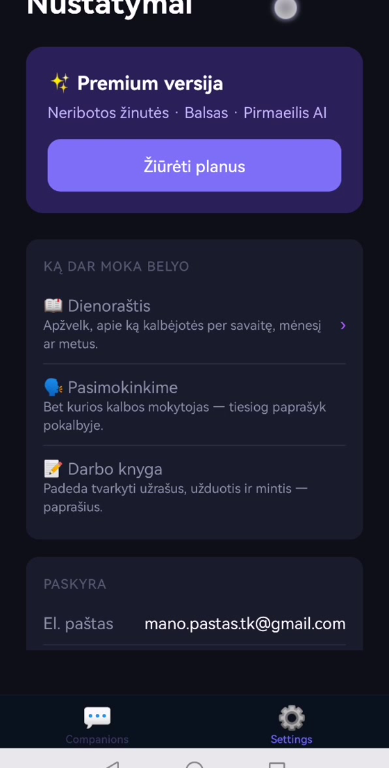 BELYO funkcijų ekranas